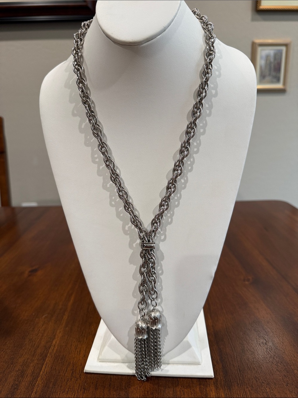 Vintage Silver-Tone Braided Tassel Lariat Necklace